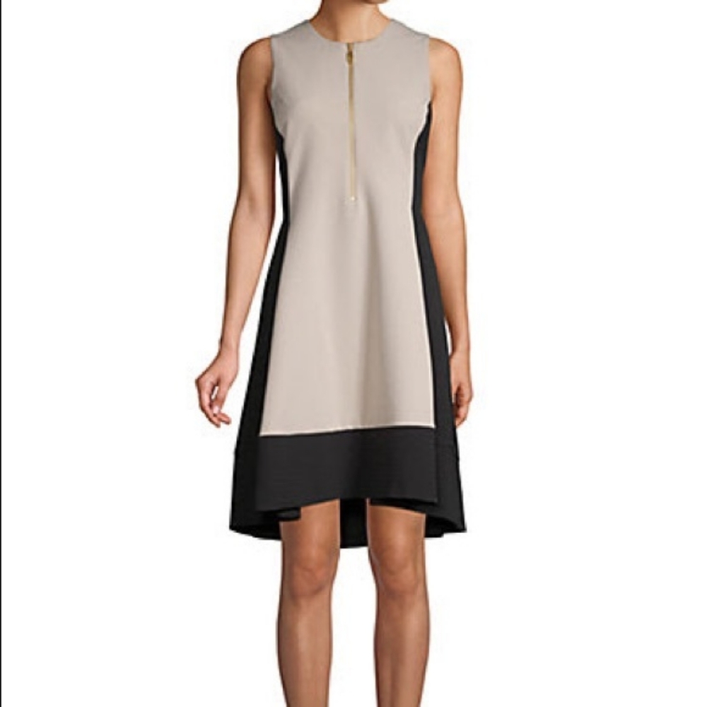 Donna Karen Beige / Black Asymmetrical Midi Dress, Small